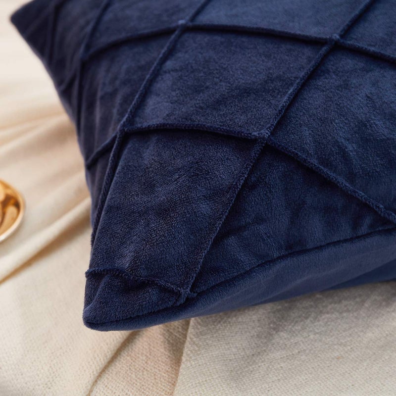 JAUXIO Diamond Pinch Pleated Crystal Velvet Pillowcases 2 Pack Solid Pintuck Throw Cushion Cover for Home Decor Hidden Zipper Closure (Navy, Standard) - Image 4